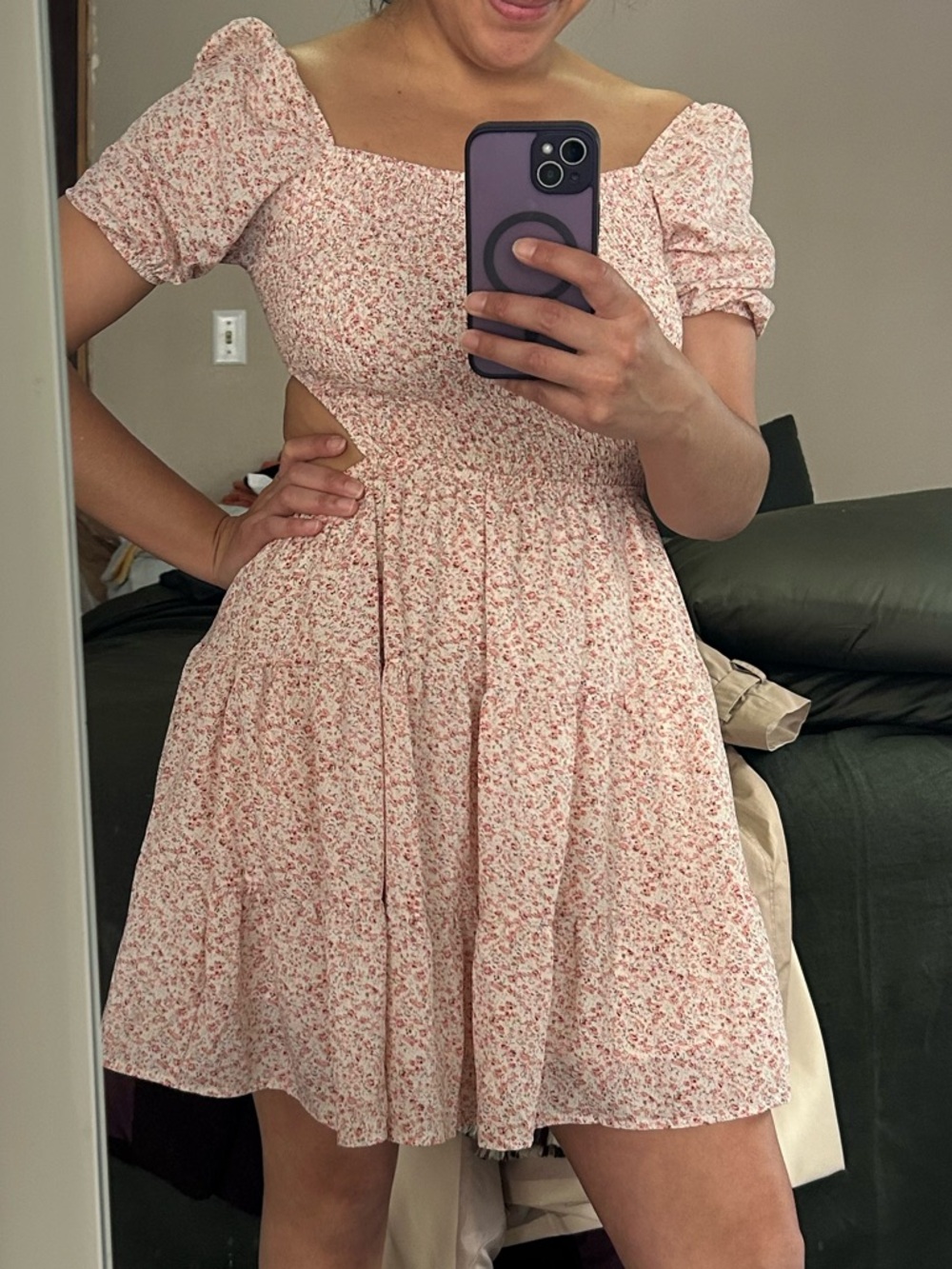 Floral Puff-Sleeve Mini Dress Open back - Blush Pink Milkmaid Sweetheart Small